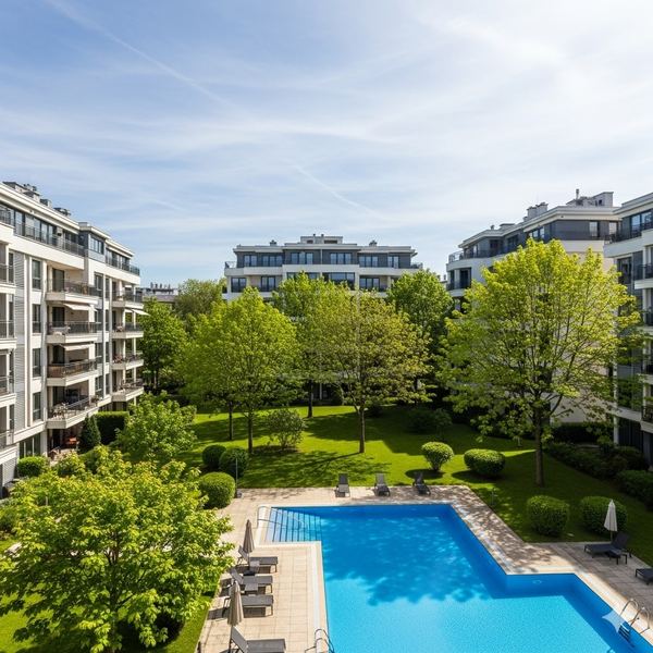Urbanización con jardín y piscina