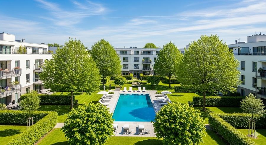 Comunidad residencial con piscina